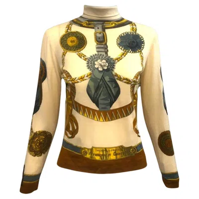 Pre-owned Hermes Sport Cashmere Equestrian Print Turtleneck Top, 1960s In Brown