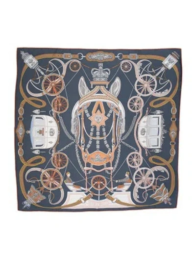 Pre-owned Hermes Stately Wheels Silk Scarf In Blue