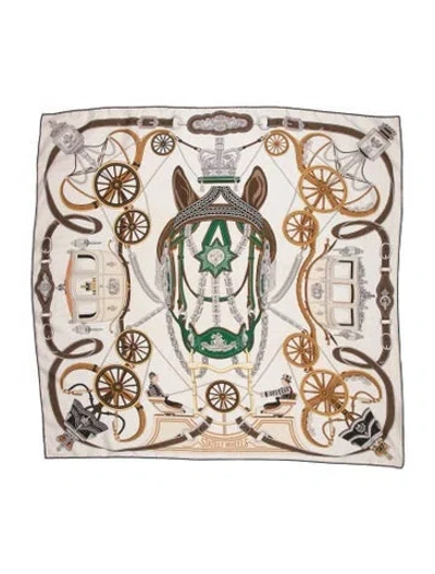Pre-owned Hermes Stately Wheels Silk Scarf In White