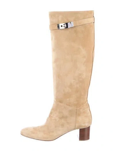 Pre-owned Hermes Story Suede Riding Boots In Neutrals
