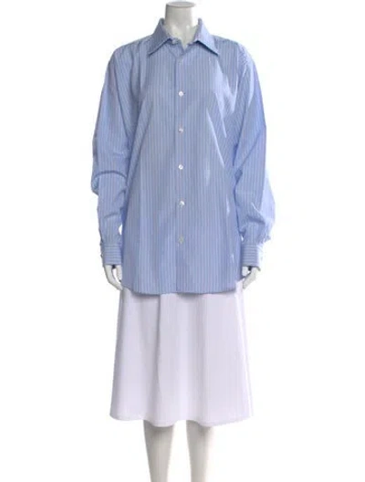 Pre-owned Hermes Striped Long Sleeve Button-up Top In Blue