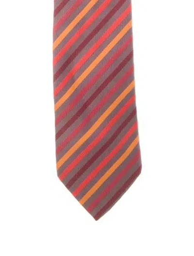 Pre-owned Hermes Striped Silk Tie In Orange