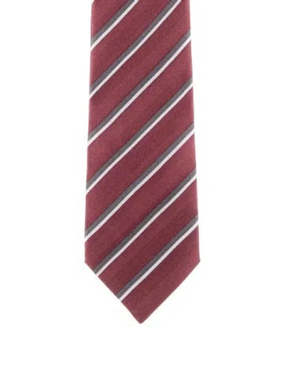 Pre-owned Hermes Stripes Printed Silk Tie W/tags In Burgundy/grey