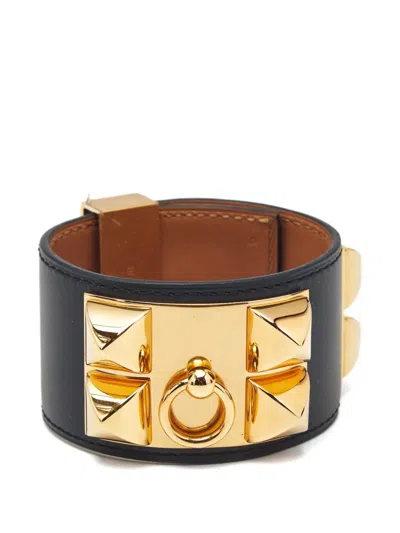 Pre-owned Hermes Studded Pyramid Ring Leather Bracelet In Black