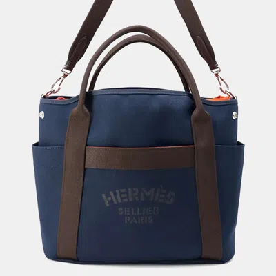 Pre-owned Hermes Sucked Pansage Groom Navy/feu Toile Chevrons Canvas