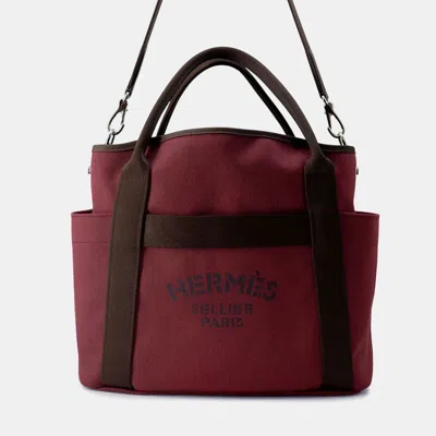 Pre-owned Hermes Sucked Pansage Groom Rouge H/chocolat Toile Chevrons Canvas Bag In Burgundy