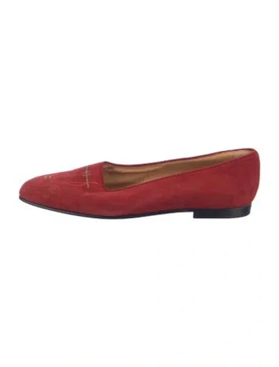 Pre-owned Hermes Suede Embroidered Accent Ballet Flats In Red