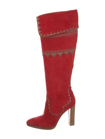 Pre-owned Hermes Suede Embroidered Accent Boots In Red