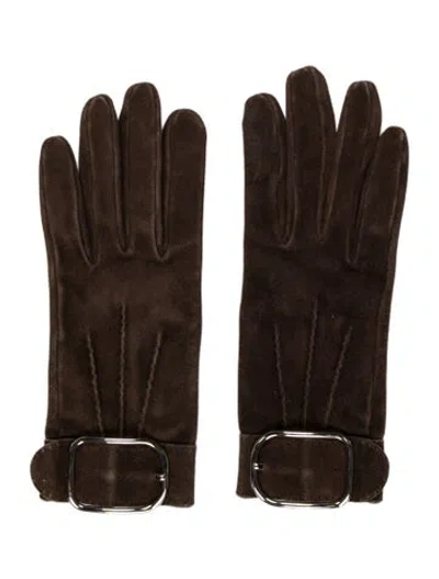 Pre-owned Hermes Suede Kid Skin Trimmed Long Gloves In Brown