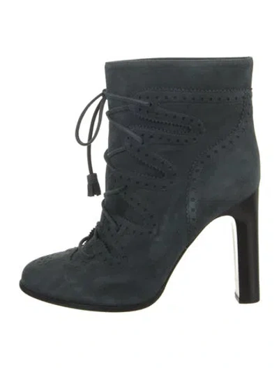 Pre-owned Hermes Suede Lasercut Accents Lace-up Boots In Blue