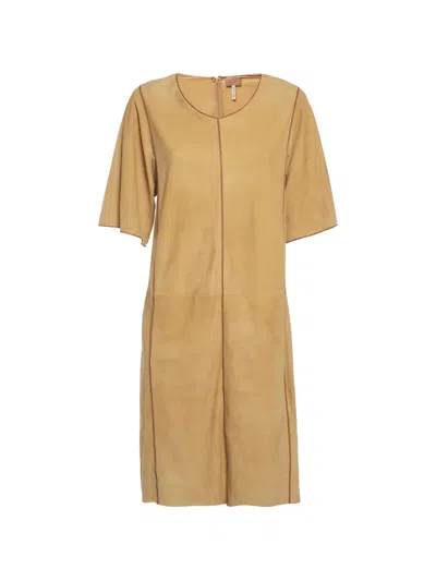 Pre-owned Hermes Suede Leather-trim Dress In Neutral