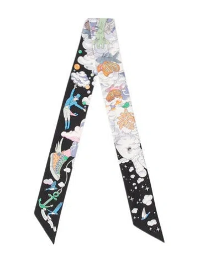 Pre-owned Hermes Sur Mon Nuage Silk Twilly Scarf In Black
