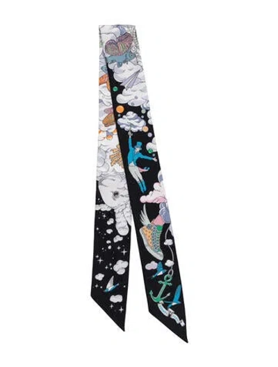 Pre-owned Hermes Sur Mon Nuage Silk Twilly Scarf In Black