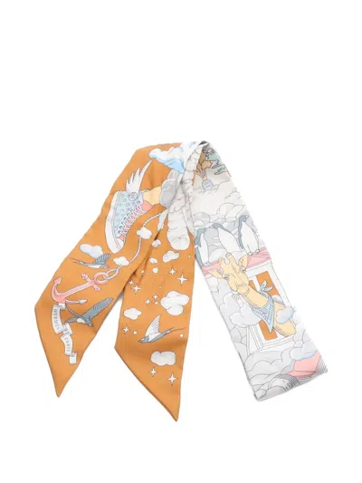 Pre-owned Hermes Sur Mon Nuage Twilly Scarve In Orange