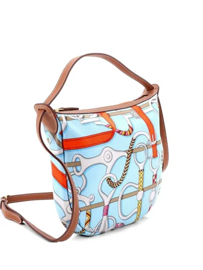 Pre-owned Hermes Sursoie To Go Pouch Printed Silk And Leather Crossbody Bag In Blue