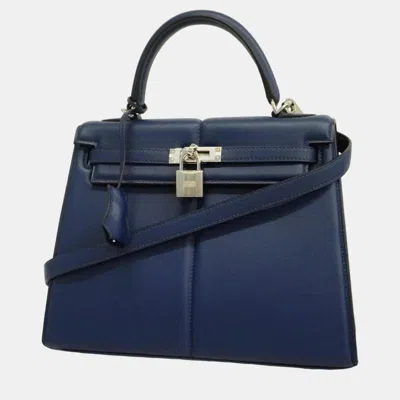 Pre-owned Hermes Swift Blue Saphir Engraved Kelly Patted 25 Z Ladies Handbag In Navy Blue