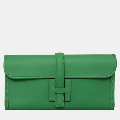Pre-owned Hermes Swift Leather Jige Clutch In Green