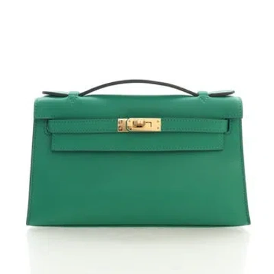 Pre-owned Hermes Swift Leather Kelly Pochette In Green