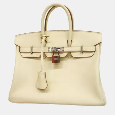 Pre-owned Hermes Swift Nata Birkin 25 B Engraved Ladies Handbag In Cream