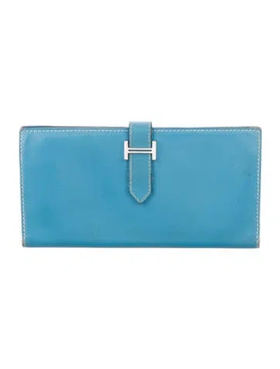 Pre-owned Hermes Tadelakt Bearn Wallet In Blue