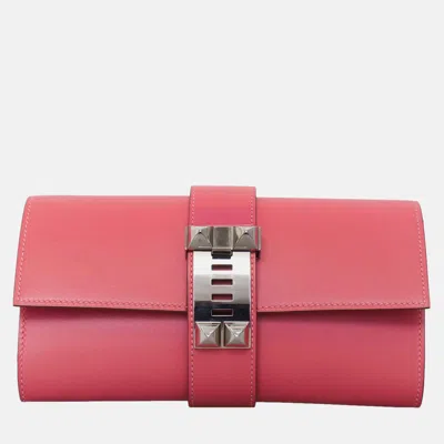 Pre-owned Hermes Tadelakt Leather Rose Medor 23 Clutch In Pink