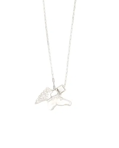 Pre-owned Hermes Hermès Talisman Pegasus Feather Necklace In Silver