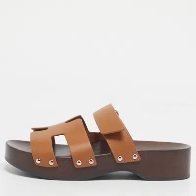 Pre-owned Hermes Hermès Tan Leather Kos Clogs Size 38 In Brown