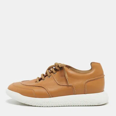 Pre-owned Hermes Tan Leather Low Top Sneakers Size 41.5 In Brown