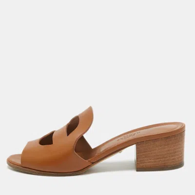 Pre-owned Hermes Tan Leather Mona Sandals Size 36.5