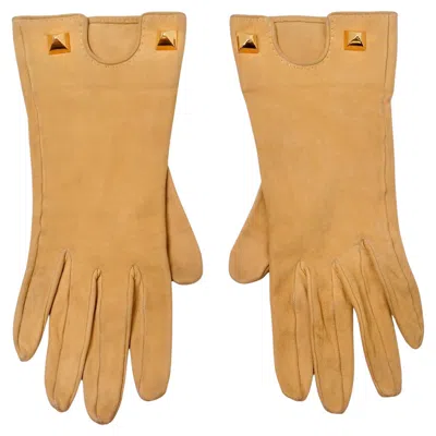 Pre-owned Hermes Tan Suede Leather Rockstud Gloves Circa 1990s In Brown