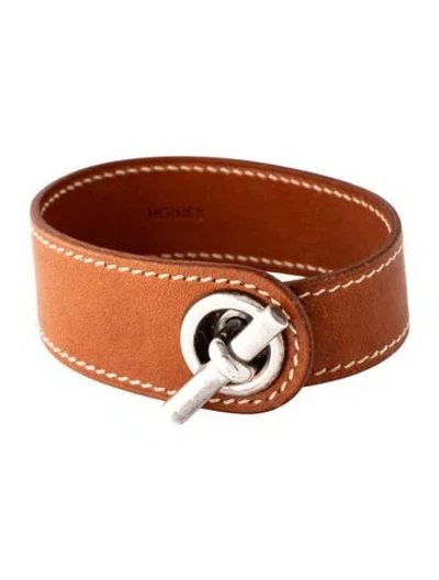 Pre-owned Hermes Tapered Leather Toggle Bracelet, 7" In Brown