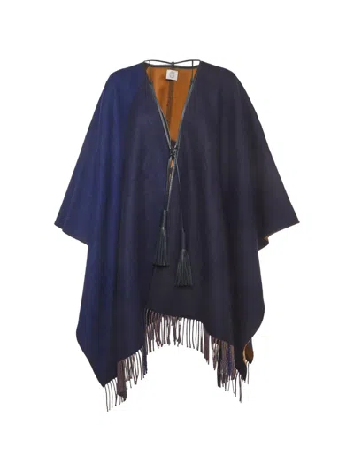 Pre-owned Hermes Tassel-trim Fringe Poncho In Blue