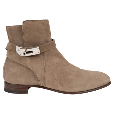 Pre-owned Hermes Taupe Suede Neo Ankle Boots Shoes 36.5 In Brown
