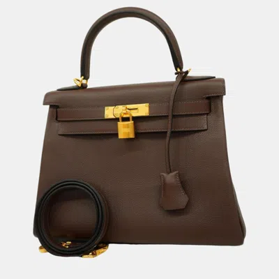 Pre-owned Hermes Taurillon Nobillo Cacao Kelly Stamped Handbag In Brown