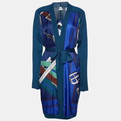 Pre-owned Hermes Teal Blue Printed Silk & Knit Belted Long Cardigan M