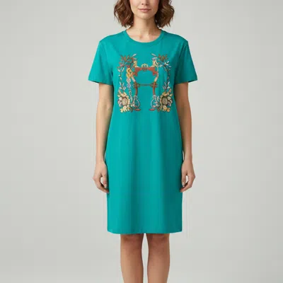 Pre-owned Hermes Teal Della Cavalleria Graphic Jersey T-shirt Dress L In Green