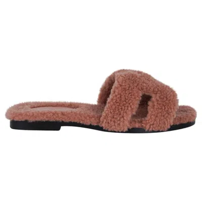 Pre-owned Hermes Teddy Bear Oran Rose Aube Shearling Sandal Limited Edition 34.5 / 4.5 5 In Red