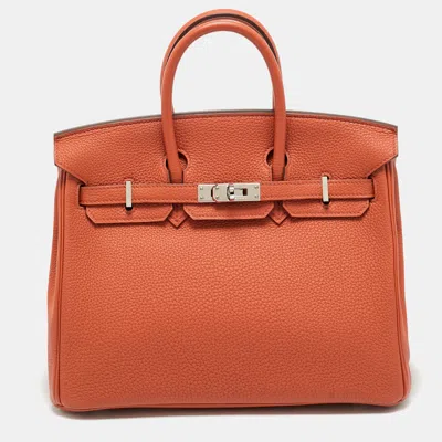 Pre-owned Hermes Terre Battue Togo Leather Palladium Finish Birkin 25 Bag In Orange