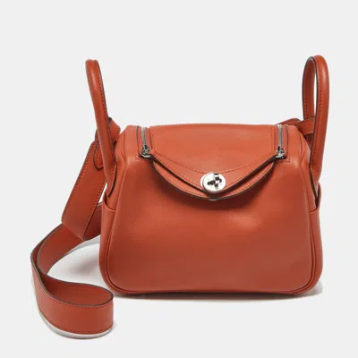 Pre-owned Hermes Terre Battue/capucine Swift Leather Palladium Finish Mini Lindy Bag In Orange