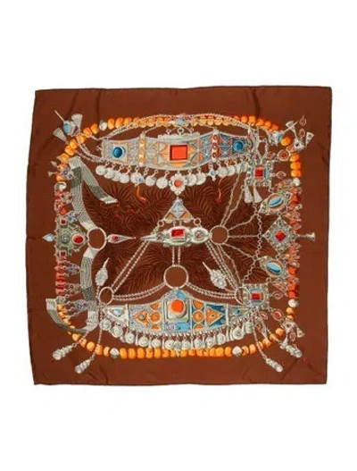 Pre-owned Hermes Terres Precieuses Silk Scarf In Brown