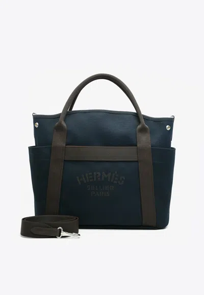 Hermes The Grooming Bag In Bleu Navy Canvas And Feu Barenia Leather In Black