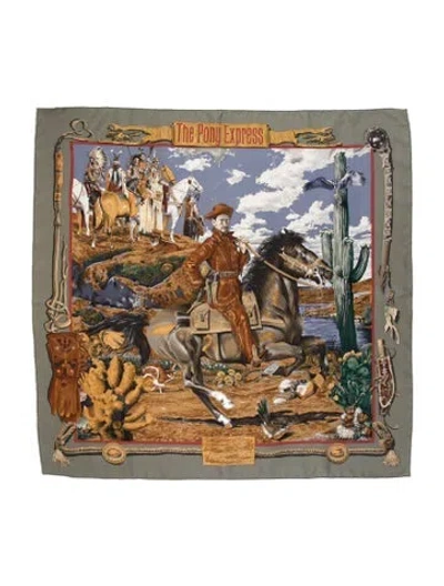 Pre-owned Hermes The Pony Express Silk Scarf In Blue