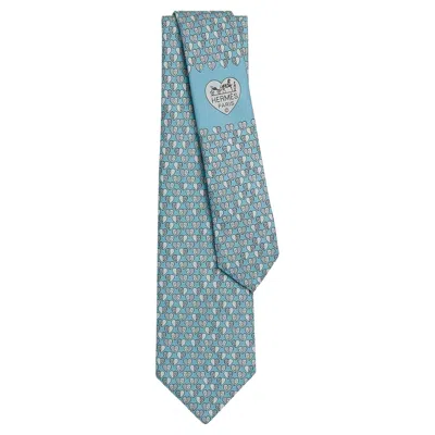 Pre-owned Hermes Tie Cheval En Cœur Silk Twill In Blue