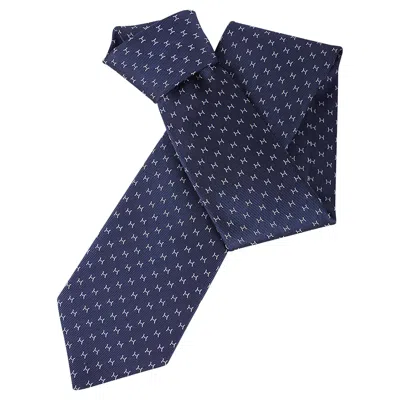 Pre-owned Hermes Tie Fine H Gris Bleute / White / Ciel Silk Twill