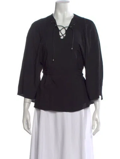 Pre-owned Hermes Tie Neck Three-quarter Sleeve Blouse In Black