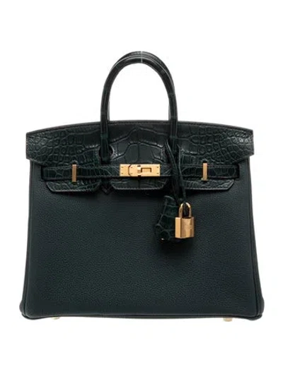 Pre-owned Hermes Togo & Matte Alligator Birkin Touch 25 In Green
