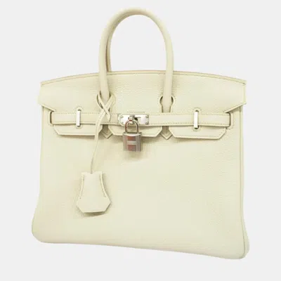 Pre-owned Hermes Togo Beton Birkin 25 B Engraved Ladies Handbag In White