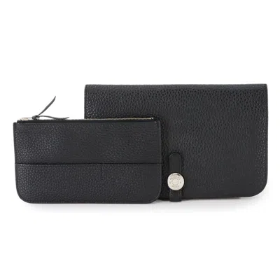 Pre-owned Hermes Togo Leather Long Wallet (bi-fold) () In Black