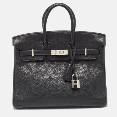 Pre-owned Hermes Togo Leather Palladium Finish Birkin 25 Bag In Black