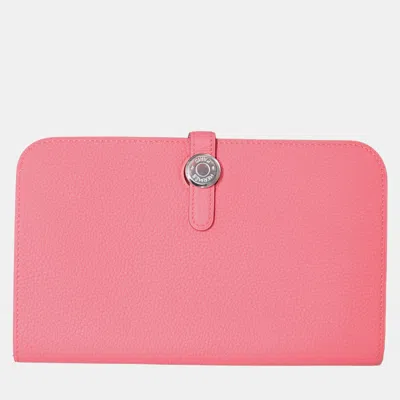 Pre-owned Hermes Togo Leather Rose Lipstick Dogon Duo Wallet In Pink